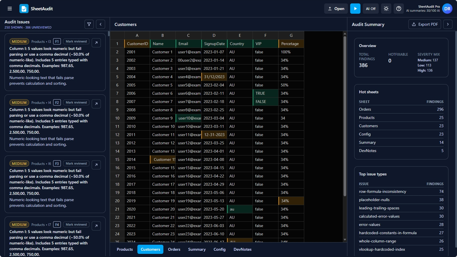 SheetAudit preview workbook with audit issues